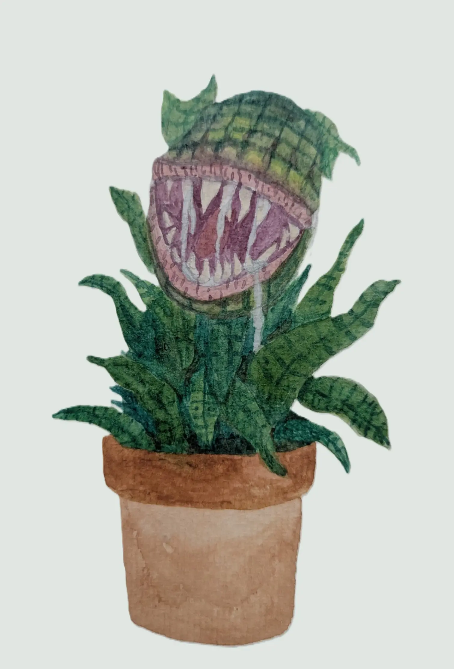 Watercolor of a drooling Audrey II, an alien carnivorous plant from Little Shop of Horrors