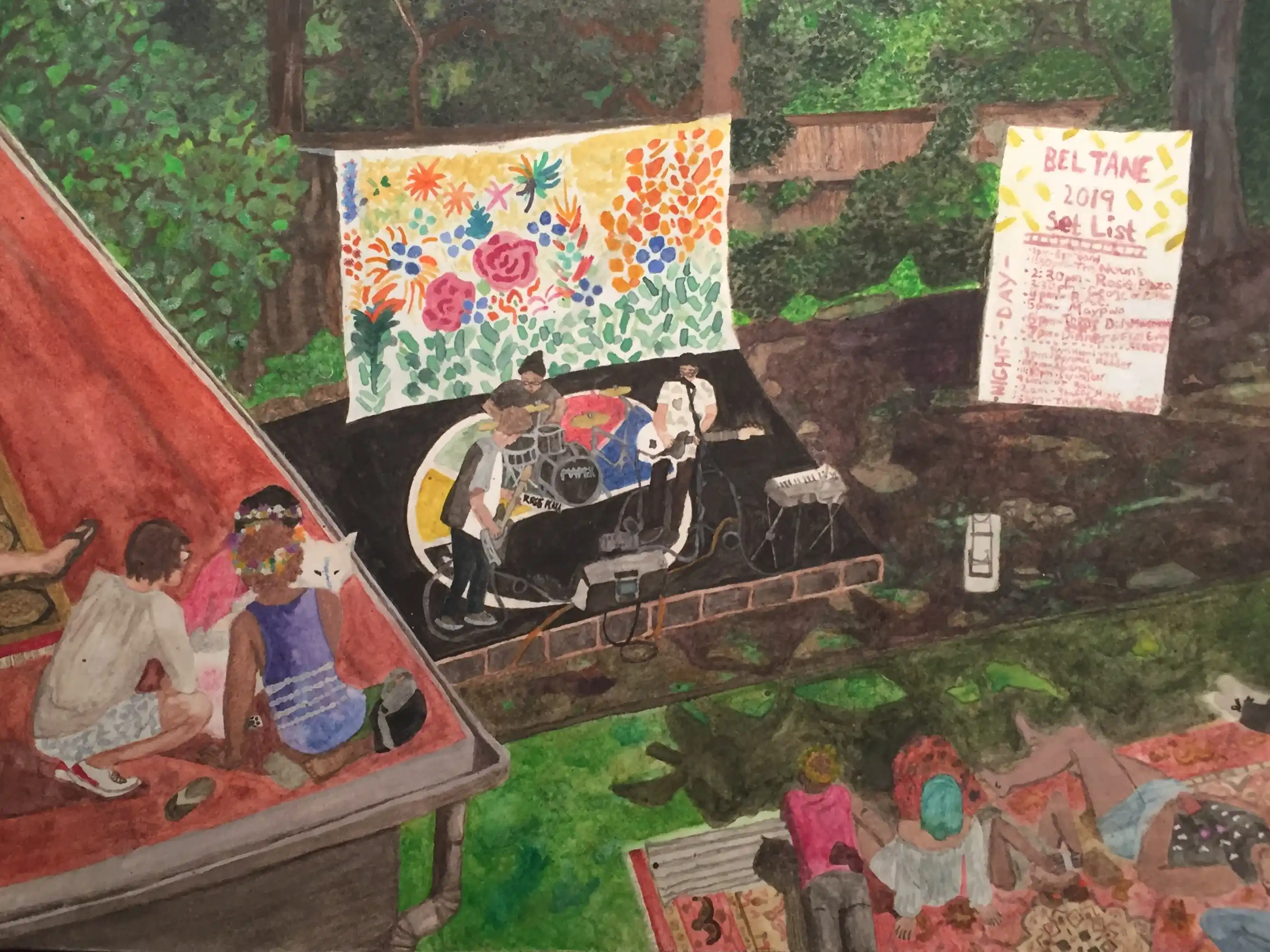 Full-page watercolor of a festival scene