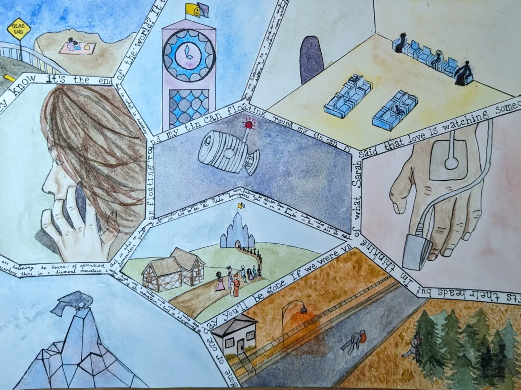 Watercolor of a series of montage from the immersive world of Lennox Mutual