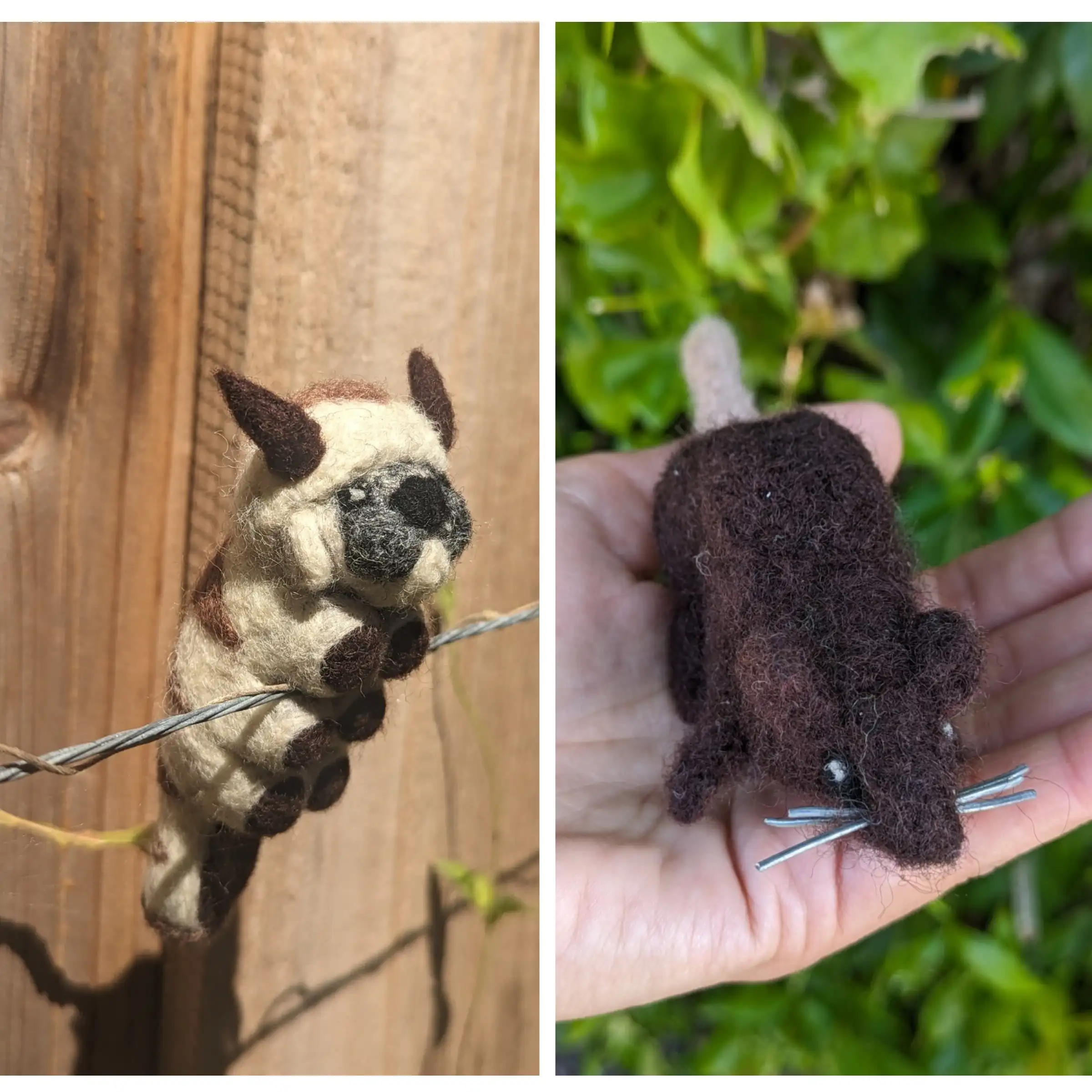 Collage of two needlefelted sculpture, one of Appa the air bison, and one of a rate