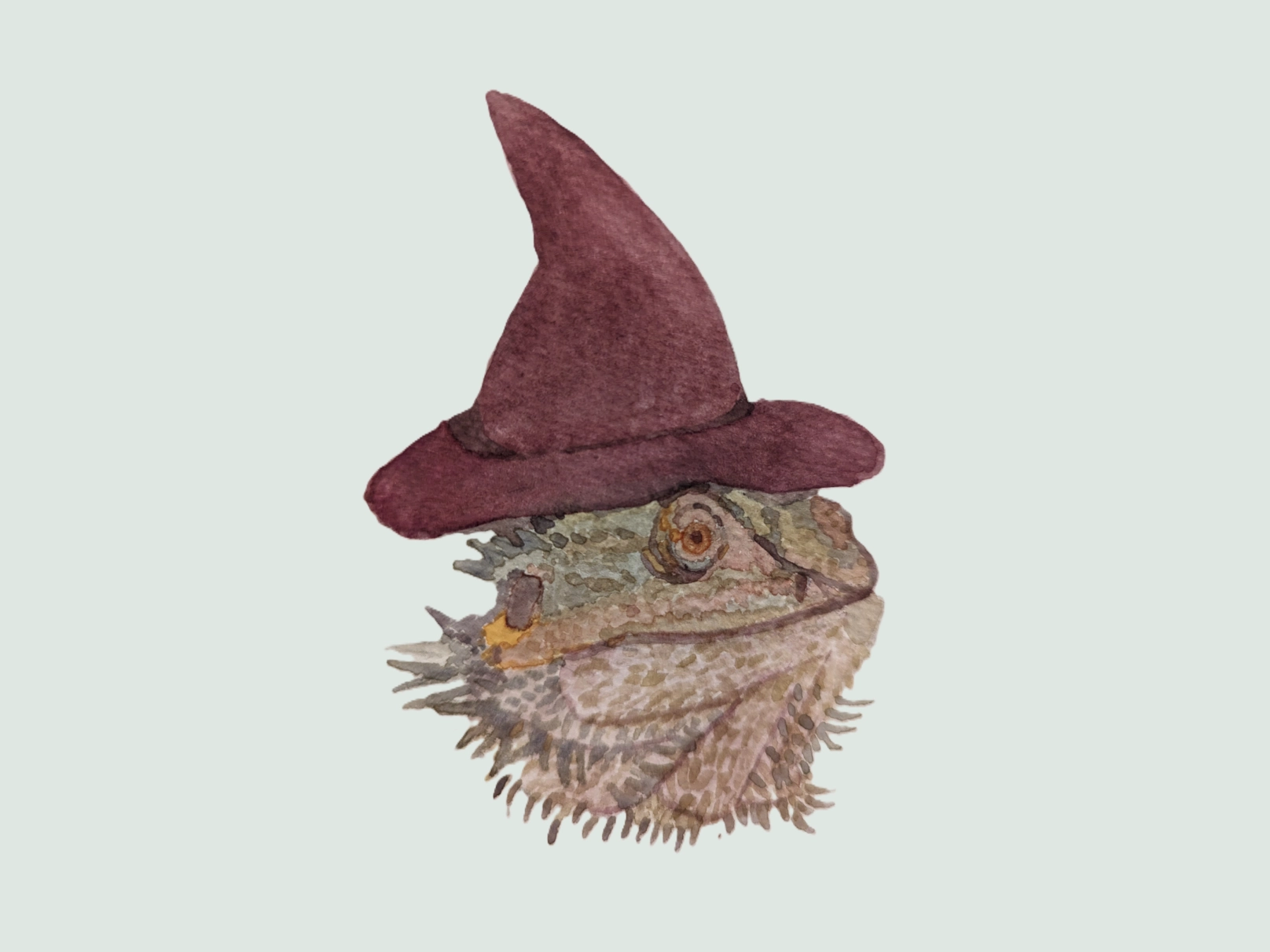 Watercolor of a bearded dragon in a witch's hat